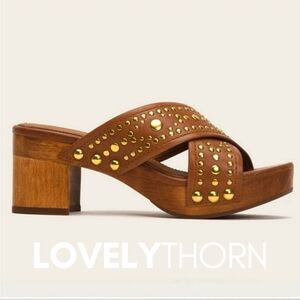 FRYE // fiona deco studded italian leather wooden platform slide mule